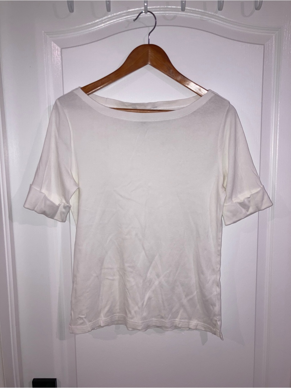 Lauren Ralph Lauren White Cuffed Sleeve Boat Neck T-shirt - size L
